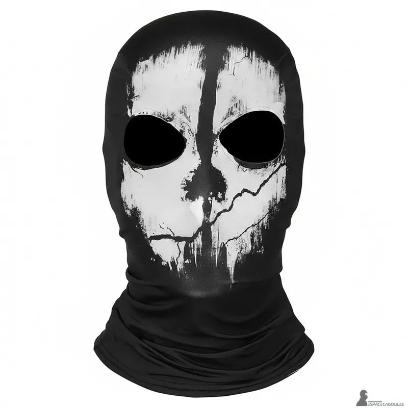 Black Skull balaclava with white skull pattern, front view on neutral background – Cagoules Space