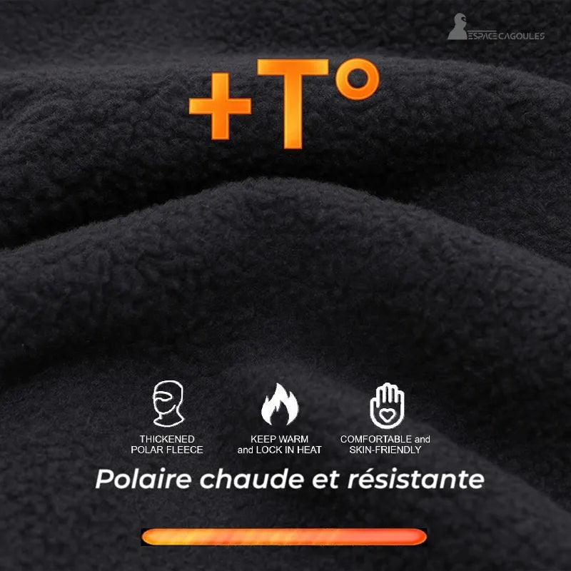 Cagoule snowboard zoom tissu polaire noire épaisse chaude résistante et agréable au toucher