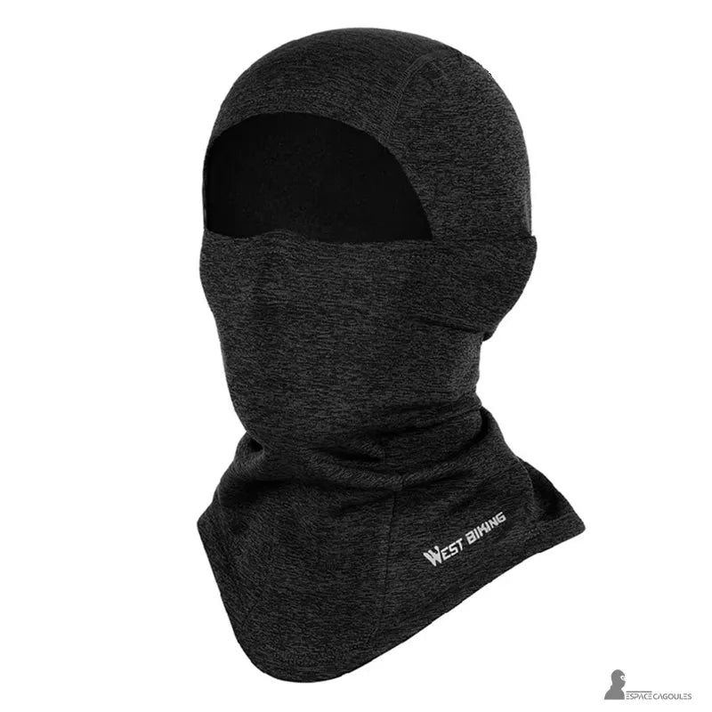 Svart cykelbalaclava under hjälm, framifrån, åtsittande snitt som täcker huvud, ansikte och nacke, fin design kompatibel med hjälm, Espace Cagoules.