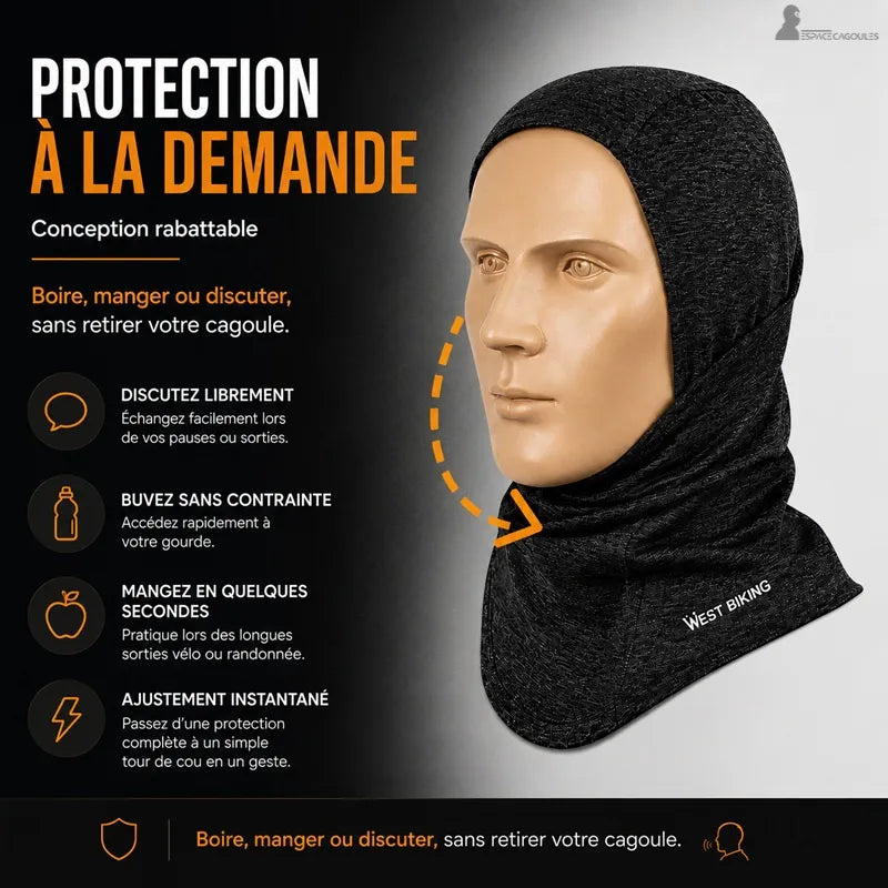 Cagoule sous casque vélo noire à conception rabattable permettant de boire ou manger sans la retirer, illustrée sur mannequin - Espace Cagoules