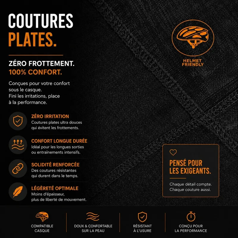 Cagoule sous casque vélo gros plan sur les coutures plates sans frottement, conçues pour le port sous le casque - Espace Cagoules