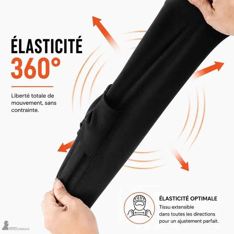 Cagoule sous casque vélo noire étirée démontrant son élasticité 360 degrés pour un ajustement parfait - Espace Cagoules