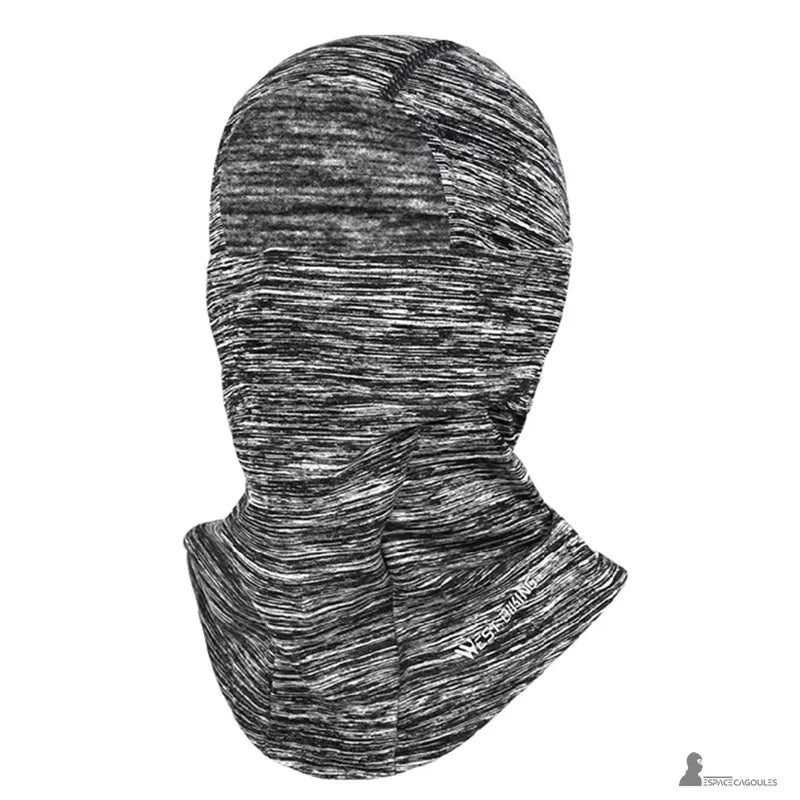 Grå cykelhjälmsbalaclava bakvy, elastiskt tyg som täcker hela huvudet och nacken, Espace Cagoules.