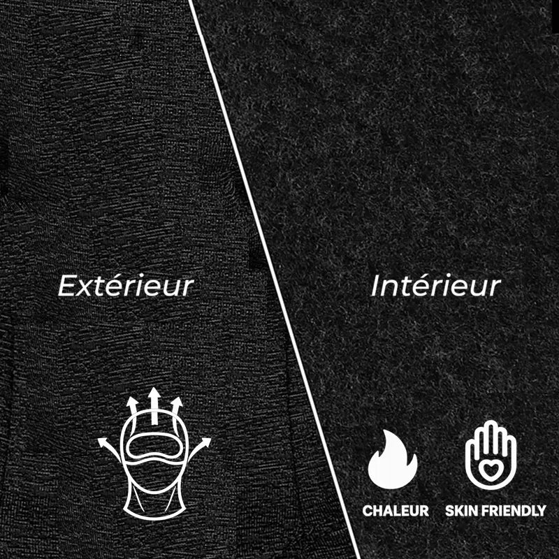 Cykelhjälmsbalaclava som visar skillnaden mellan andningsbart yttre och mjukt och varmt inre, hudvänlig, Espace Cagoules.