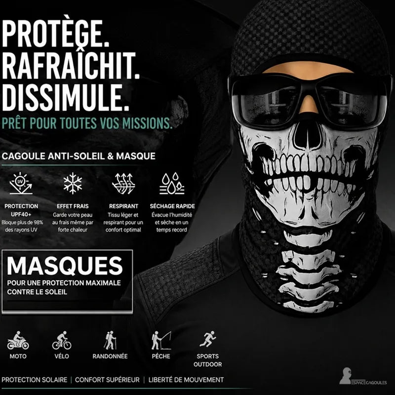 Cagoule squelette anti-soleil portée par un homme, présentation des usages moto, vélo, randonnée et sports outdoor - Espace Cagoules