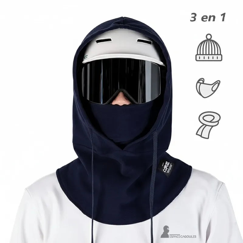 Balaclava over 3-in-1 helmet worn with ski helmet and goggles, displaying the three functions: cap, muffler and neck warmer.