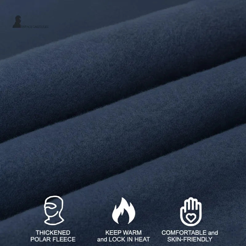 Hood over helmet in navy blue thickened fleece, soft and warm texture illustrating the ability to retain heat.