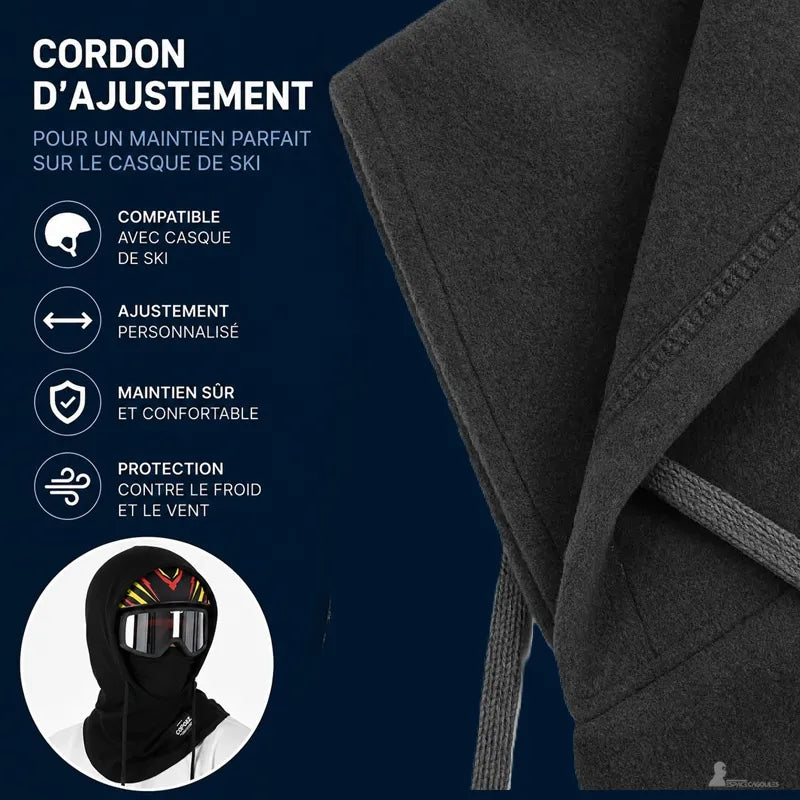 Détail du cordon d'ajustement de la cagoule sur casque de ski pour un maintien parfait sur le casque, protection contre le froid et le vent - Espace Cagoules