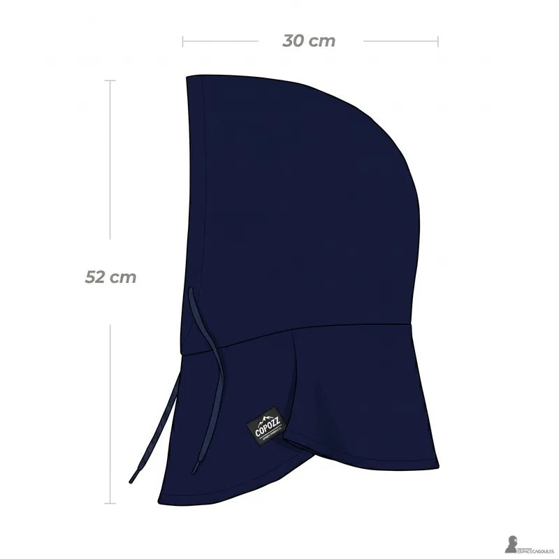 Dimensions de la cagoule sur casque de ski bleu marine, 52 cm de long et 30 cm de large, coupe ergonomique pour le port par-dessus le casque - Espace Cagoules