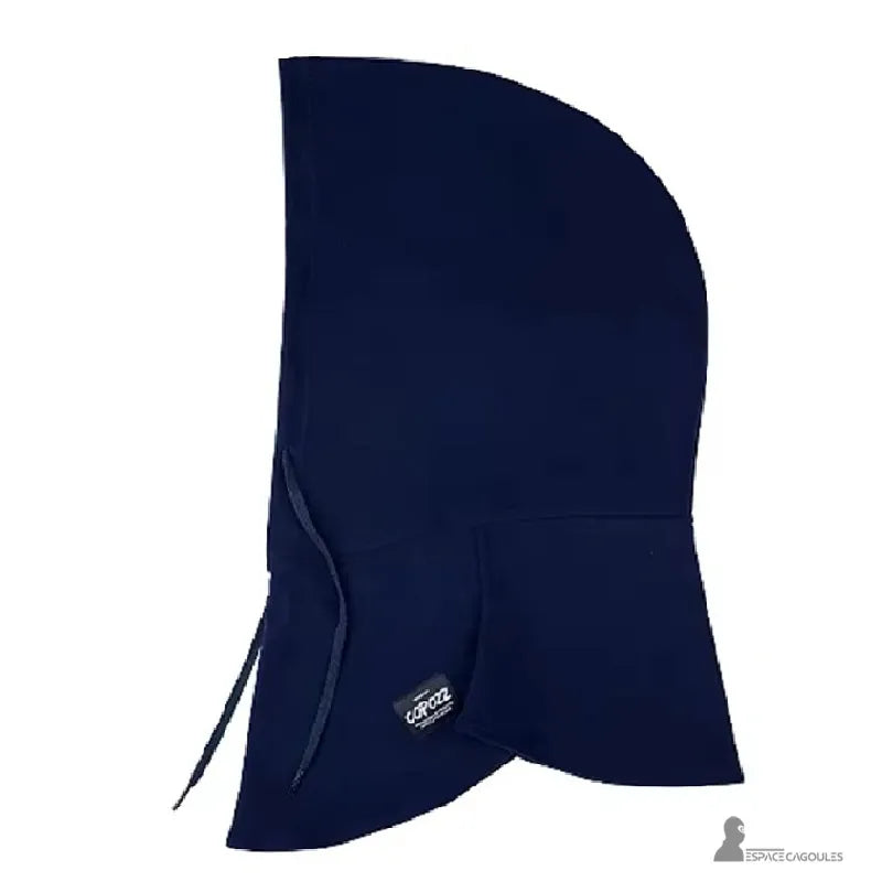 Balaclava on Navy blue helmet in thick fleece laid flat, side view, illustrating the fitted hood and drawstrings.