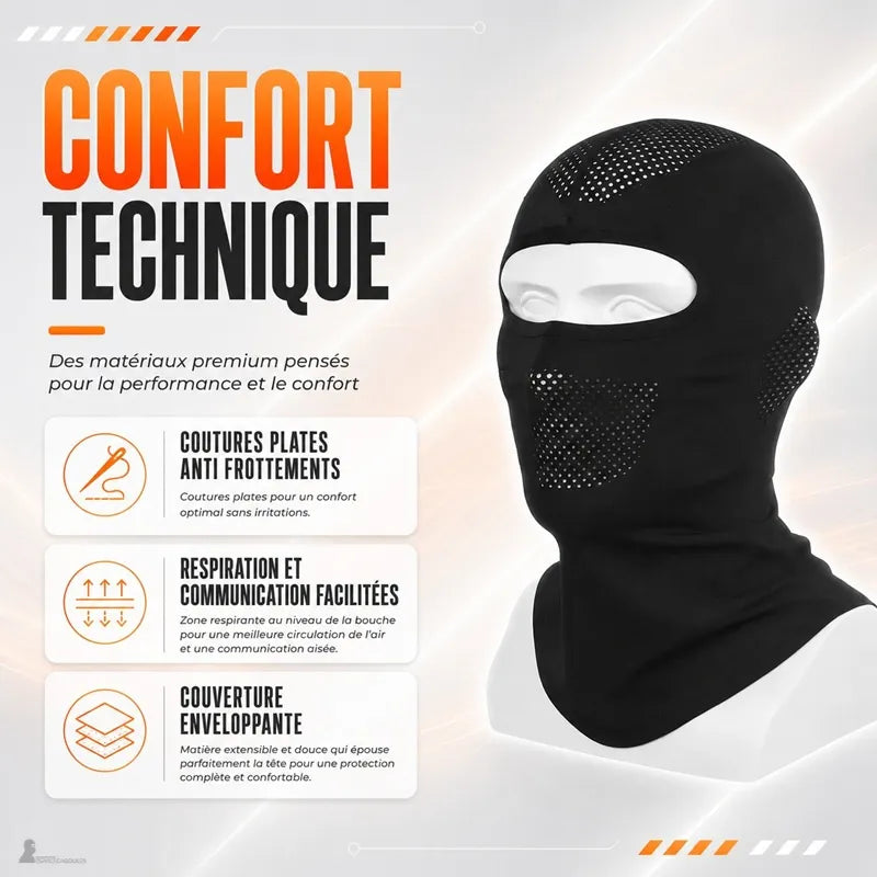Cagoule tactique noire présentant ses coutures plates anti-frottements et sa maille respirante buccale - Espace Cagoules