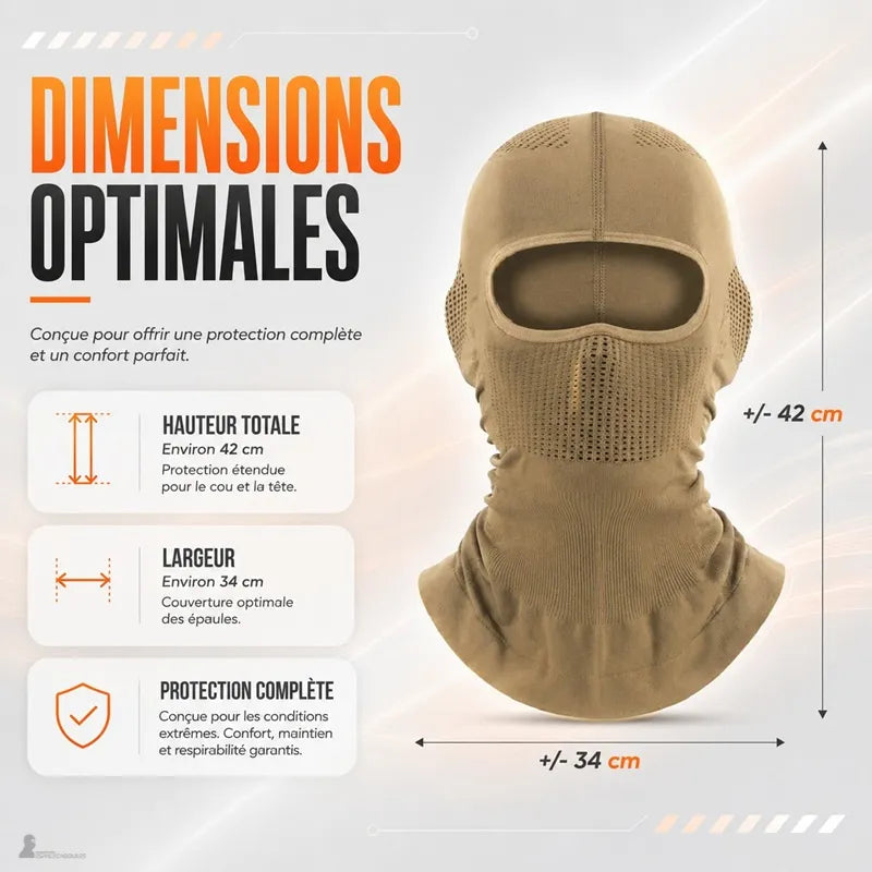 Schéma des dimensions de la cagoule tactique tan : 42 cm de hauteur et 34 cm de largeur - Espace Cagoules