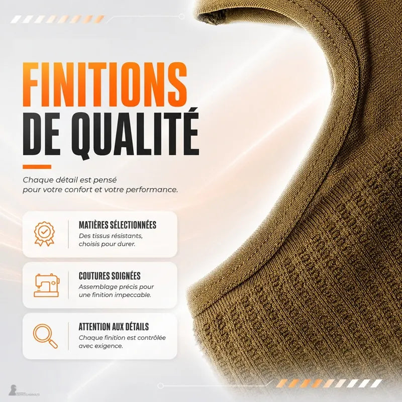 Gros plan sur les finitions et la maille structurée de la cagoule tactique tan - Espace Cagoules