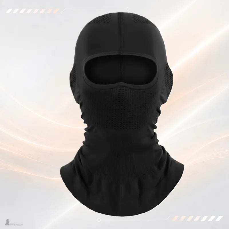 Cagoule tactique noire vue de face sur la zone buccale et les tempes ventilées - Espace Cagoules