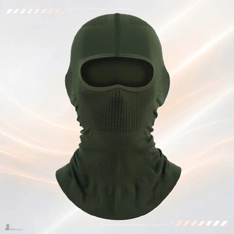 Cagoule tactique vert armée vue de face avec ouverture des yeux et maille respirante - Espace Cagoules