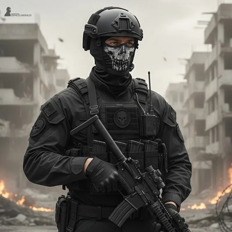 Cagoule tête de mort 2 trous en polyester et lycra noire, portée sous casque tactique avec motif crâne visible, vue en situation urbaine légèrement floutée - Espace Cagoules