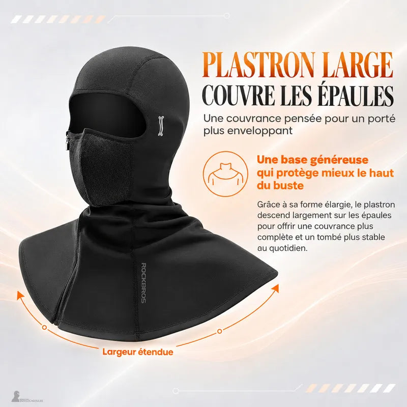 Large plastron de la cagoule thermique moto Thermik qui descend sur les épaules pour protéger le haut du buste - Espace Cagoules