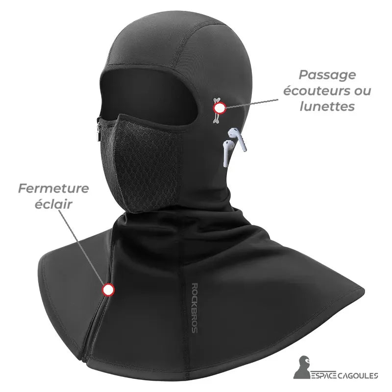 Cagoule thermique Moto – Vue détaillée sur les fonctionnalités : fermeture éclair latérale et passage pour écouteurs ou lunettes, fond blanc.