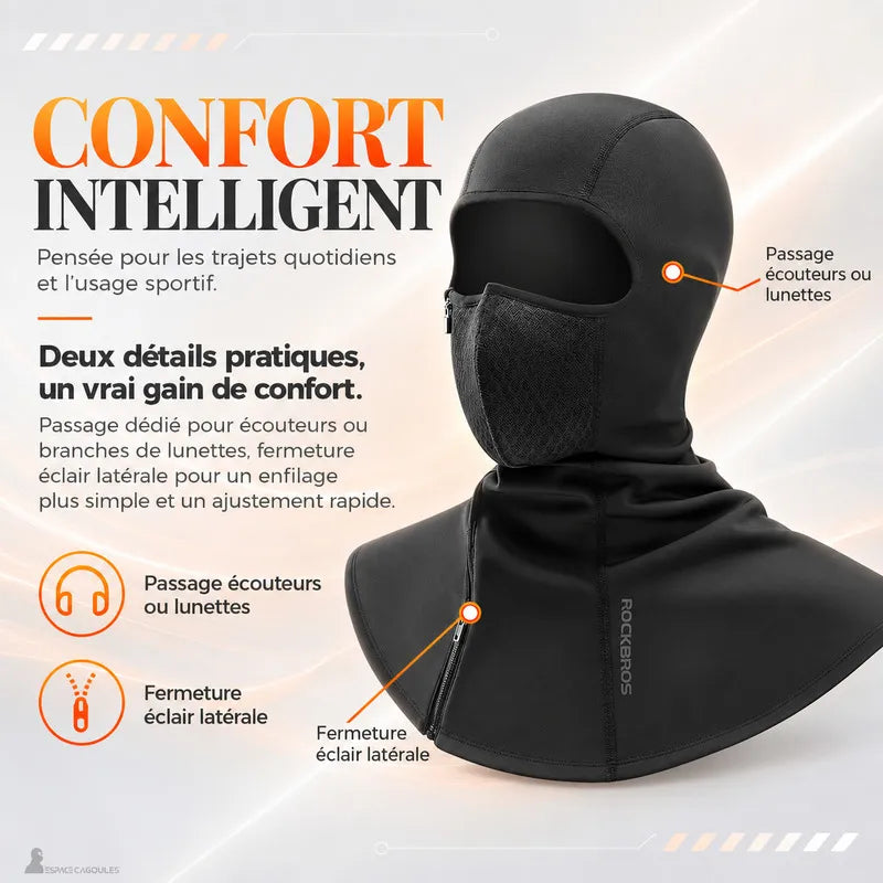 Détails de la cagoule Thermik : passage pour lunettes ou écouteurs et fermeture éclair latérale qui descend du masque au bas du plastron - Espace Cagoules