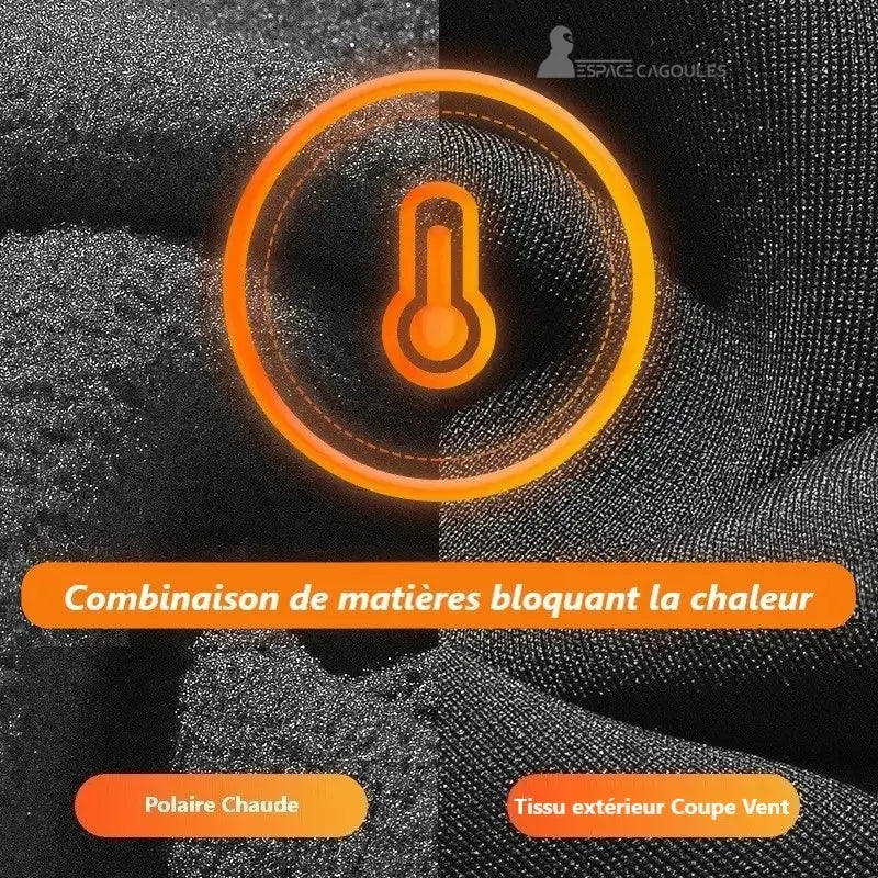Motorcykel Thermal Balaclava â Visuell jĂ€mförelse av de tvĂ„ materialen: varmt fleecetyg pĂ„ insidan och vindtĂ€tt yttertyg, med temperaturikon i mitten.