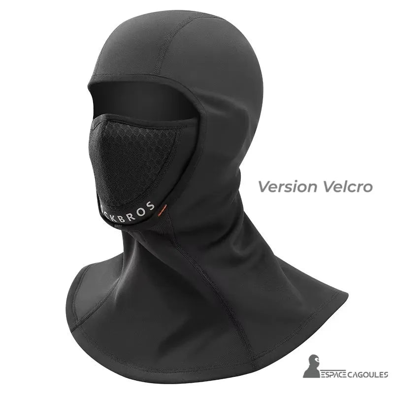 Cagoule thermique Moto – Version avec masque amovible Velcro, affichée sur fond blanc, soulignant la modularité pour les motards hivernaux.