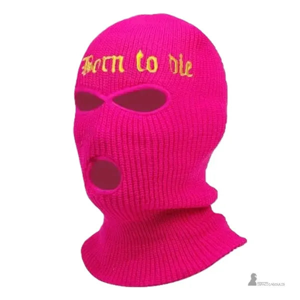 Cagoule tricot rose fuchsia à trois ouvertures et broderie Born to die en jaune sur fond blanc
