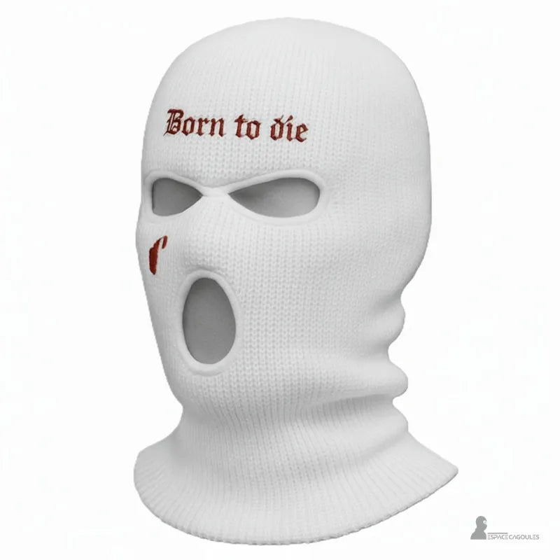 Cagoule tricot blanche à trois trous avec broderie Born to die en rouge foncé sur front