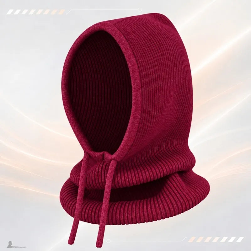 Vinröd Capélina stickad balaklava för dam visad separat, huvan uppe, ribbstickning och matchande dragsko - Espace Cagoules