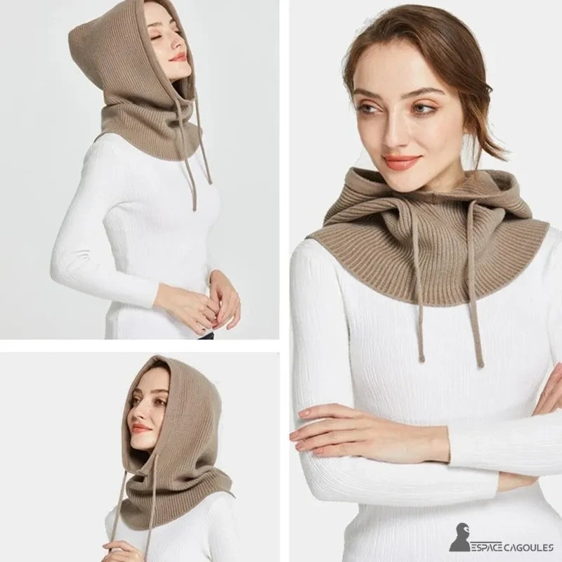Dark camel women's knitted balaclava presented from several angles on a white background, smiling model