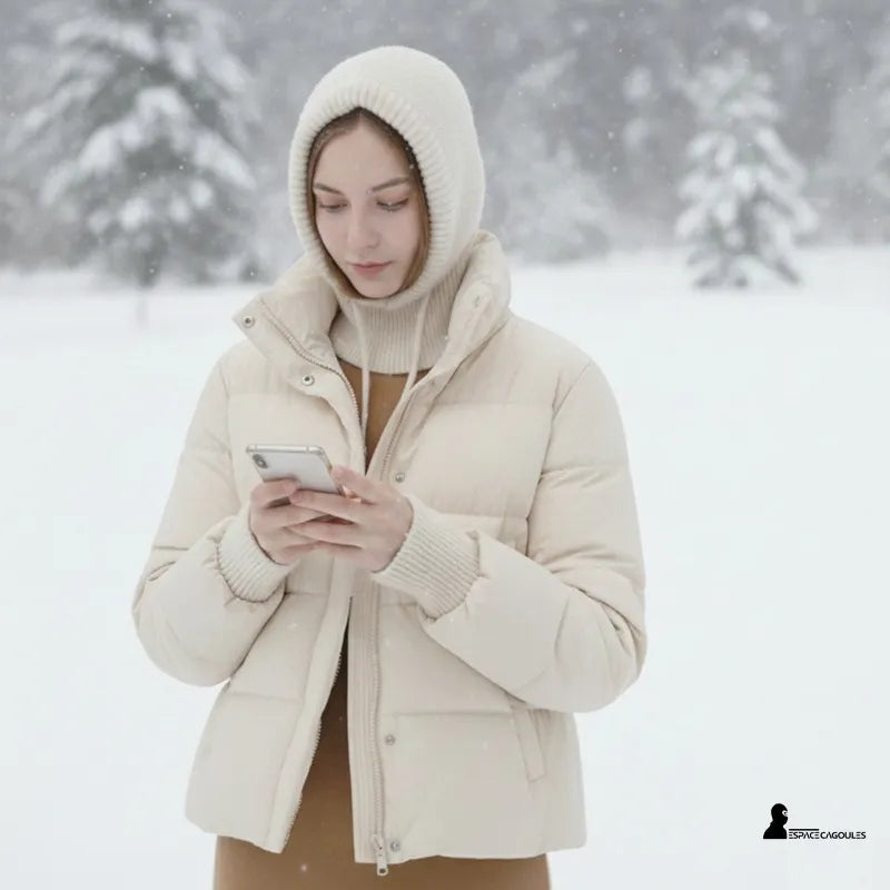 Strickmütze für Frauen in Beige, getragen mit einer hellen Daunenjacke in einer verschneiten Winterlandschaft, mit einer schützenden Kapuze, die Kopf und Hals bei kaltem Wetter bedeckt – Cagoules Raum.