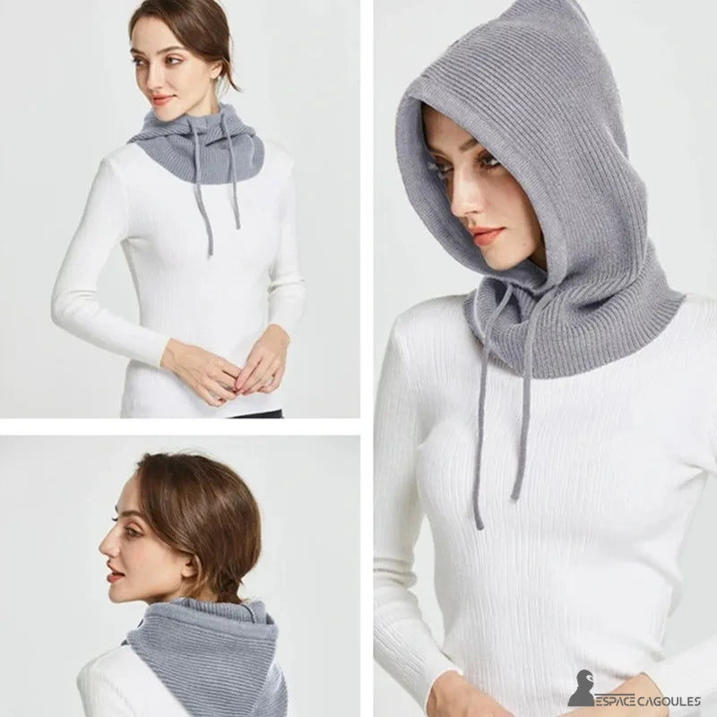 Light grey women's knitted balaclava worn by model and seen from several angles on white background