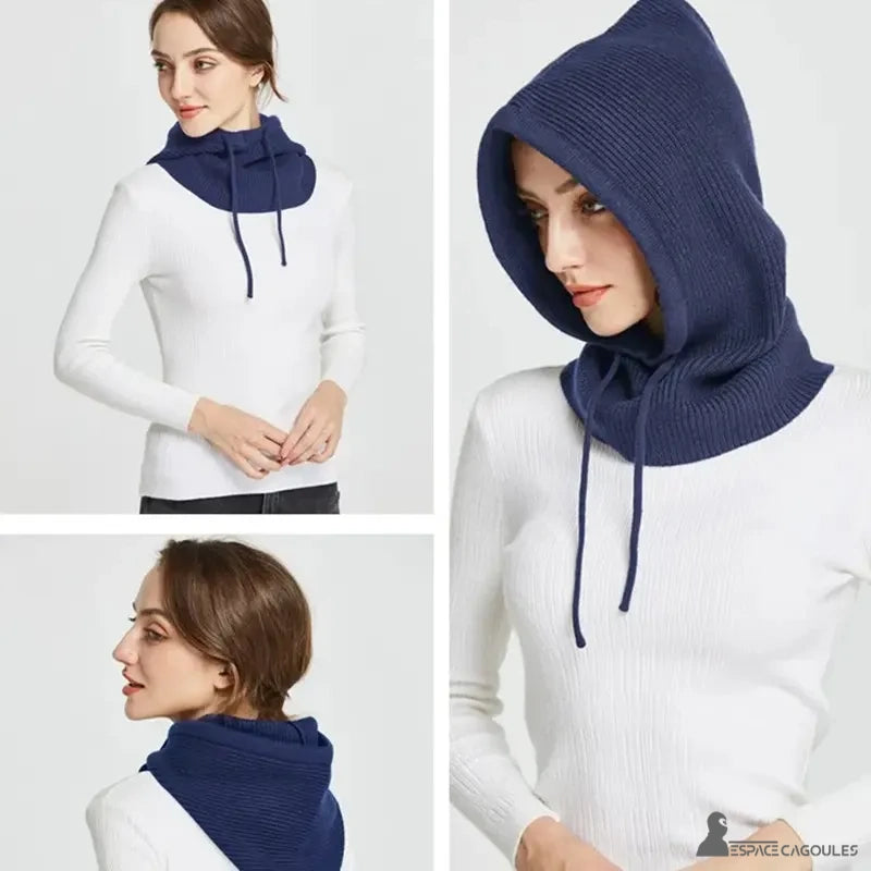 Navy blue women's knitted balaclava worn by model and seen from several angles on white background