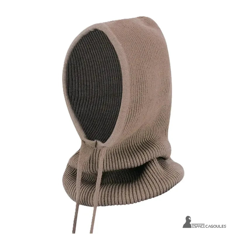 Dark camel women's knitted balaclava posed alone on white background, side view