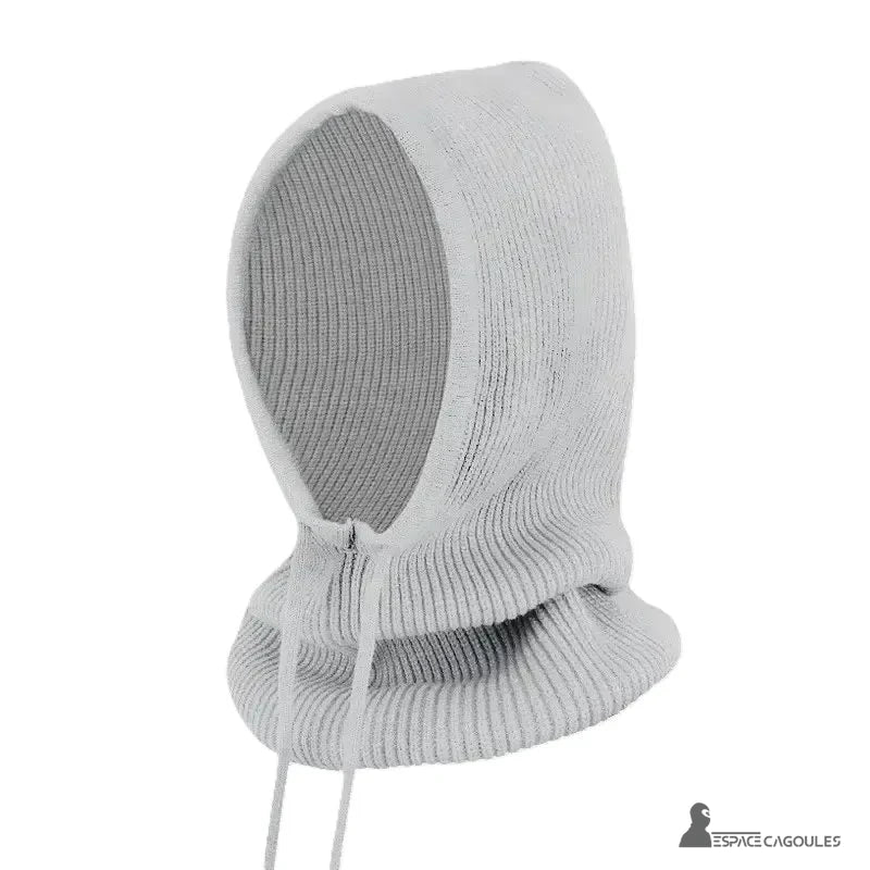 Light grey women's knitted balaclava posed alone on a white background, side view