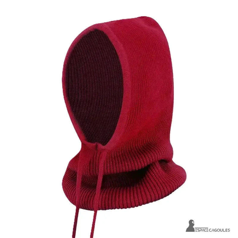 Burgundy red women's knitted balaclava posed alone on a white background, side view