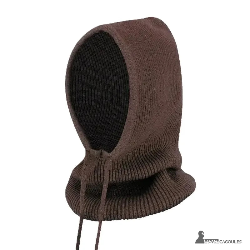 Coffee brown woman knitted balaclava posed alone on white background, side view