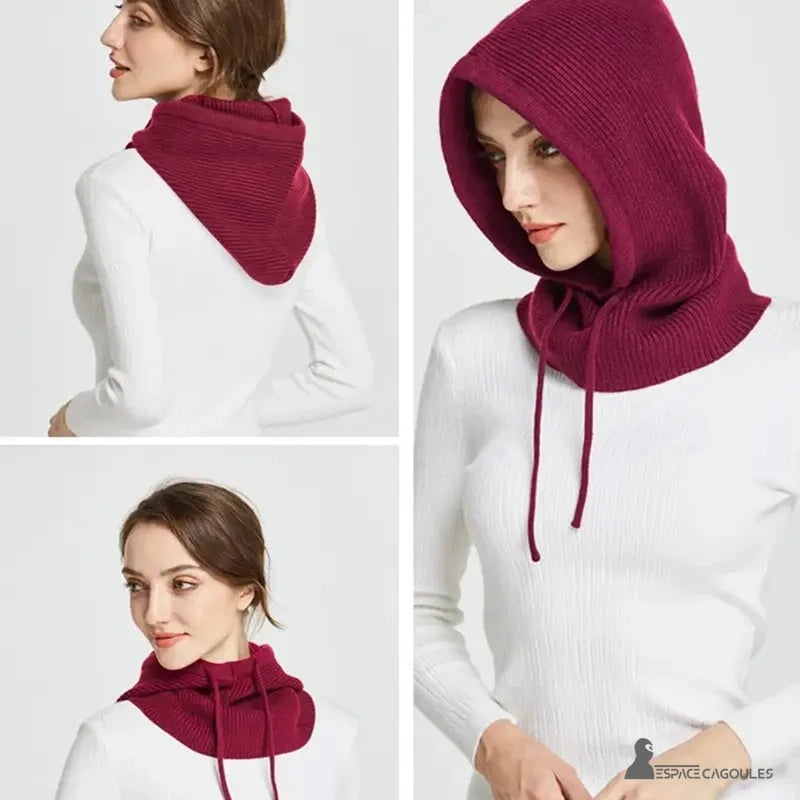 Burgundy red women's knitted balaclava worn by model and seen from several angles on a white background