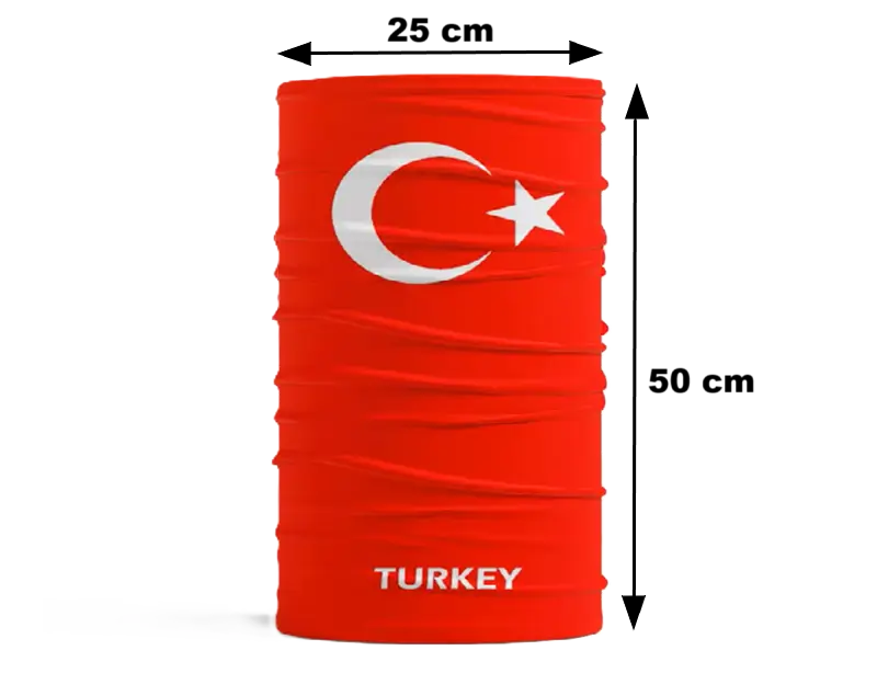 Cagoule Turquie sous forme de tour de cou tubulaire en tissu rouge, avec le symbole du drapeau turc et l'inscription 'TURKEY' en blanc. Modèle extensible et respirant, conçu pour être porté de multiples façons.