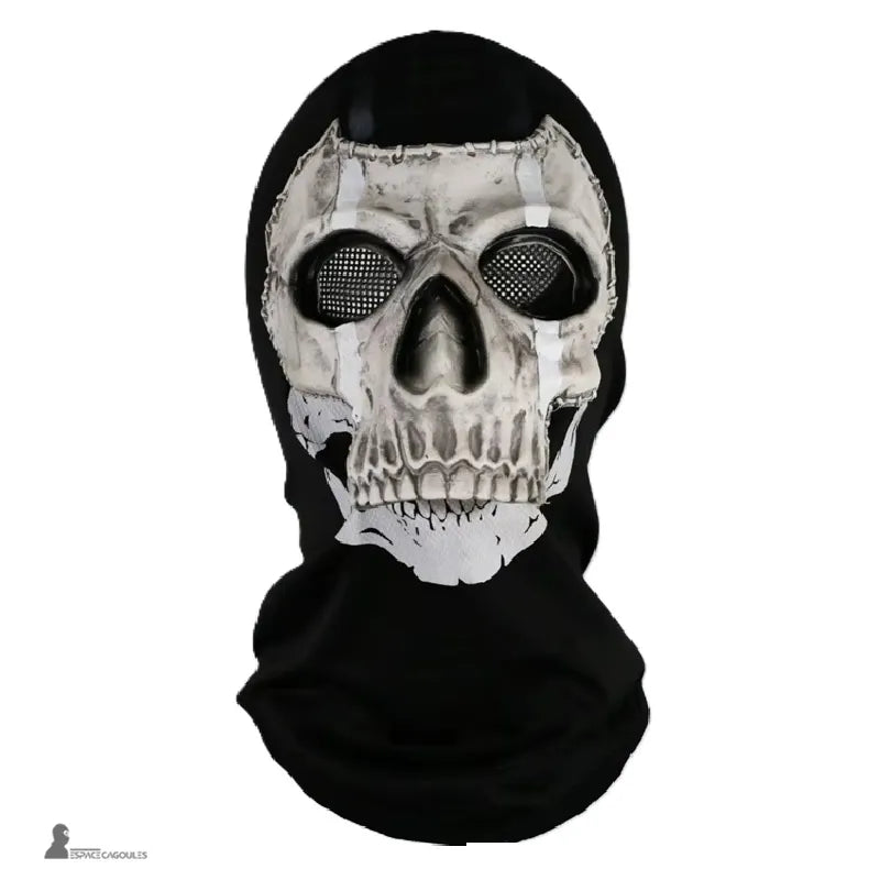 Cagoule type ghost recon avec masque crâne blanc aux orbites larges et grille visible vue de face - Espace Cagoules