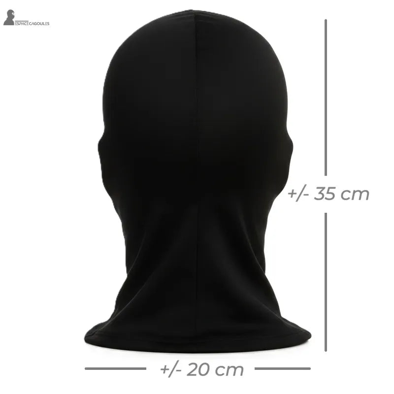 Cagoule type ghost recon vue arrière avec indication des dimensions hauteur et largeur sur fond blanc - Espace Cagoules