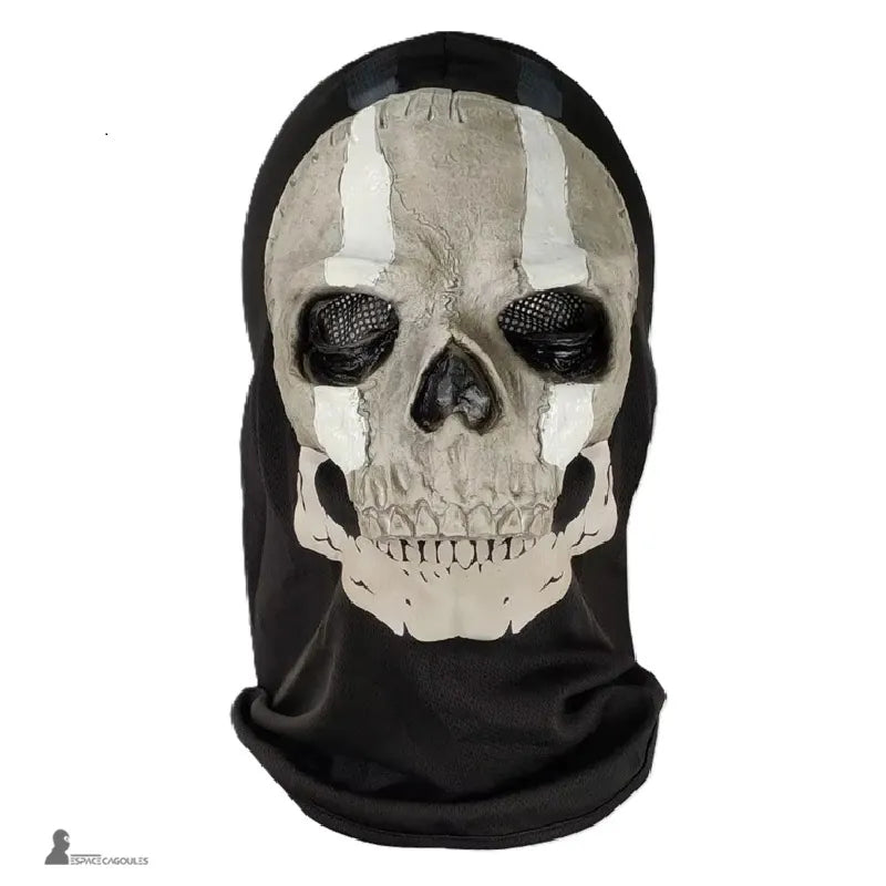 Cagoule type ghost recon avec masque crâne gris clair et bande verticale vue de face - Espace Cagoules