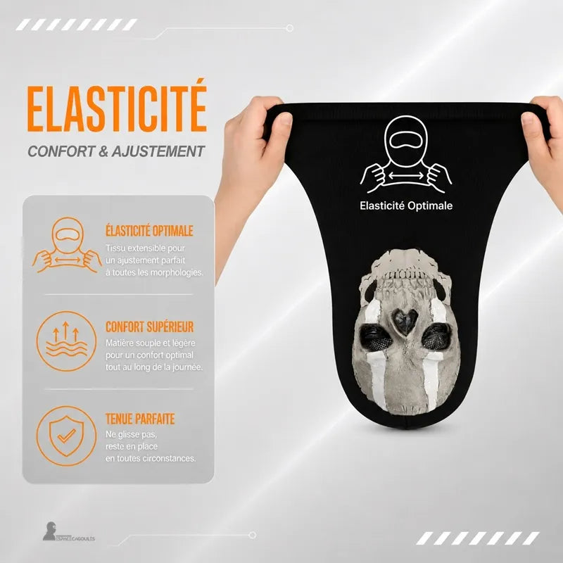 Passamontagna di Ghost Recon allungata tra due mani che illustra l'elasticità del tessuto nero e il comfort dell'adattamento - Spazio Cagoule