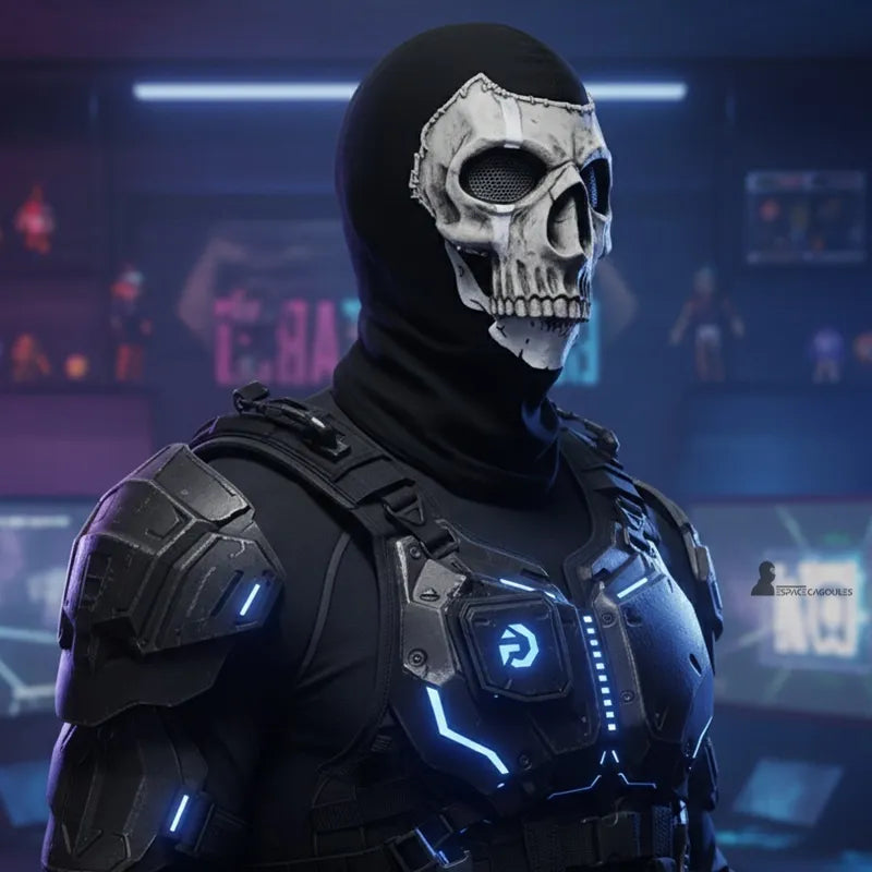 Cagoule type ghost recon portée avec armure futuriste lumineuse dans un environnement gaming - Espace Cagoules