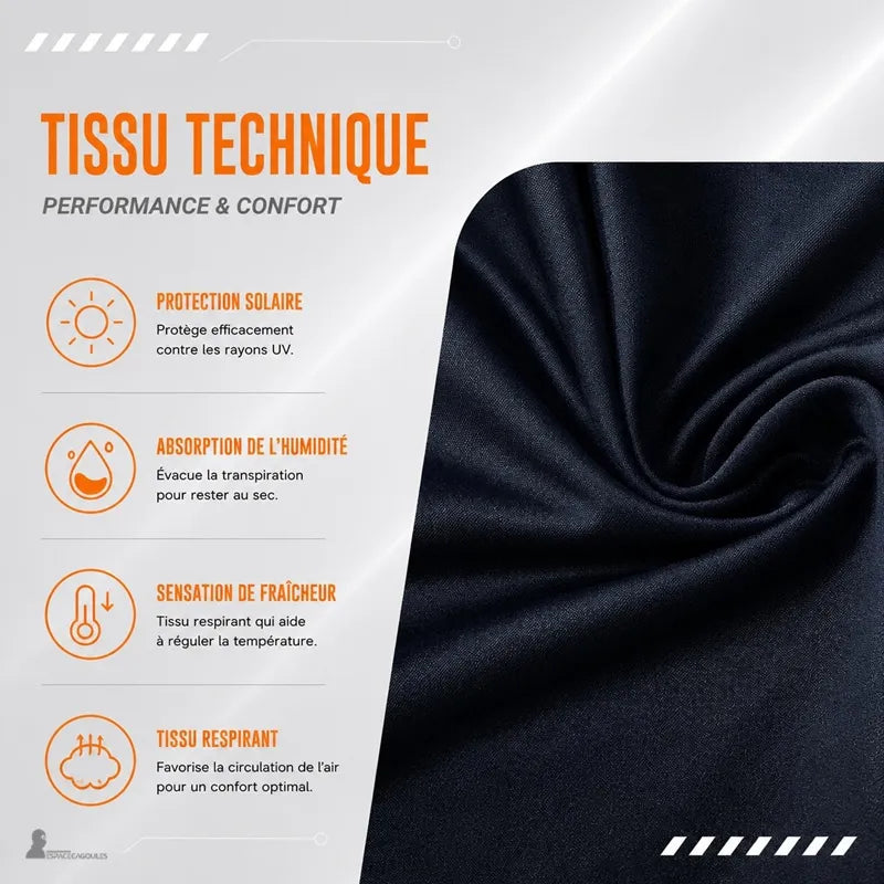 Tessuto tecnico nero traspirante in primo piano con pittogrammi di protezione solare e assorbimento dell'umidità - Spazio Cagoule