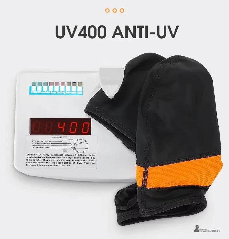 Black and orange silk cycling balaclava with anti UV 400 certification