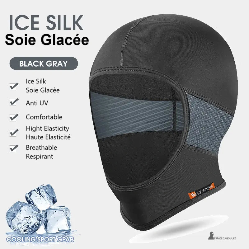 Black and grey silk cycling balaclava with breathable zones, UV protection for cycling