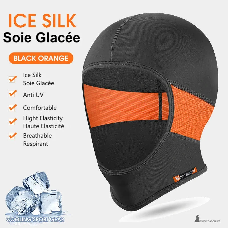 Black and orange silk cycling balaclava with breathable zones, comfort and UV protection