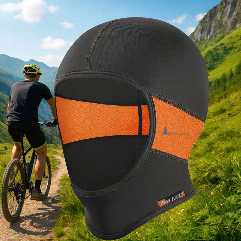 Black and orange silk cycling balaclava on mountain background, breathable protection for outdoor cycling