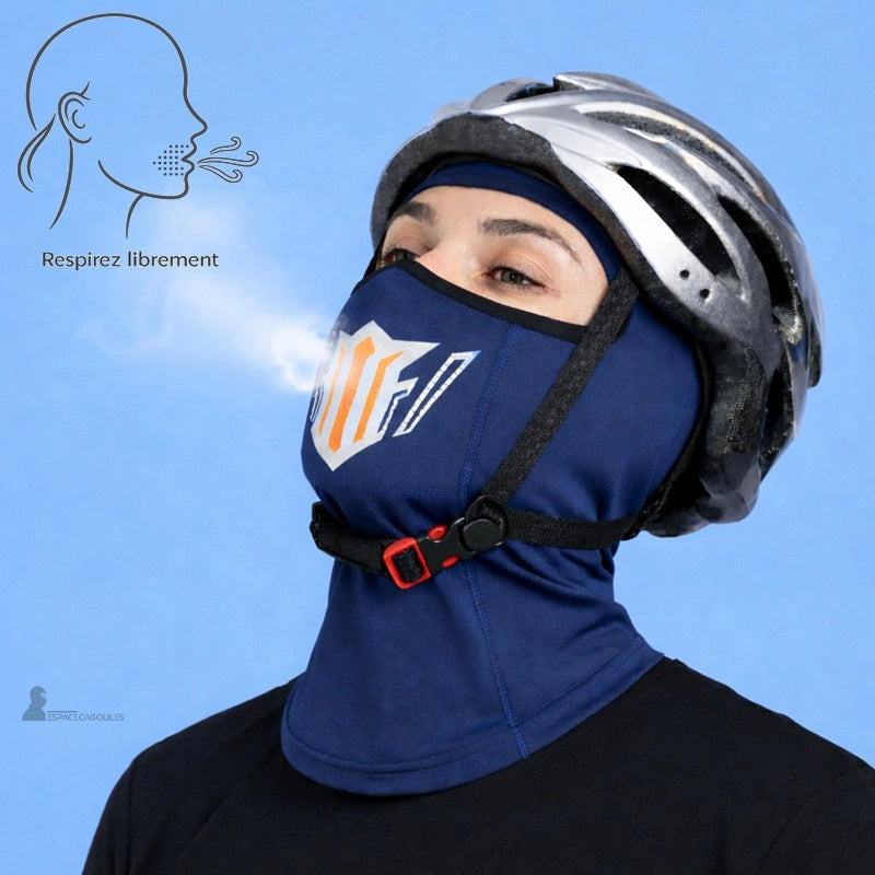 Vue de profil d’une cagoule respirante pour cycliste femme avec zone buccale ventilée et flux d’air visible - Espace Cagoules