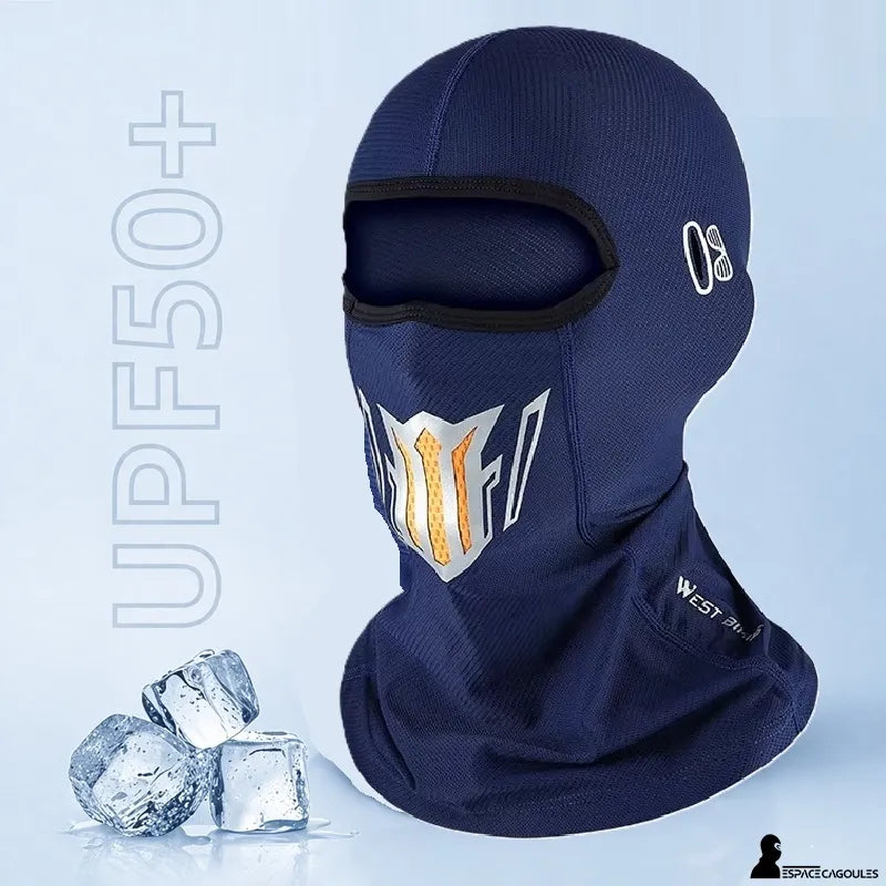 Vue produit cagoule respirante bleue avec panneau facial graphique et protection cou intégrée - Espace Cagoules